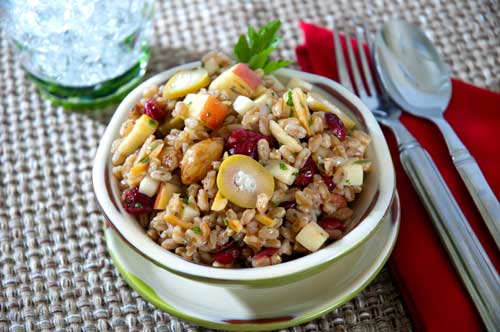 Farro Salad with Blue Cheese-Stuffed Olives, Apples and Roasted Garlic