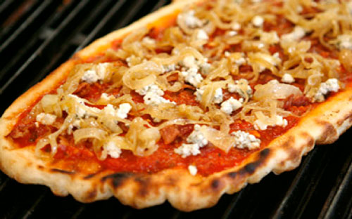Grilled Pizza with Bacon, Blue Cheese and Caramelized Onion