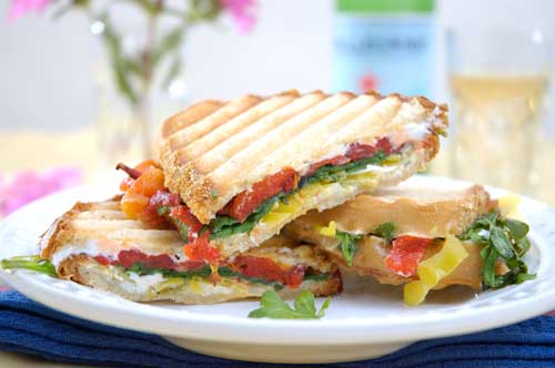 Roasted Red Pepper, Goat Cheese and Baby Arugula Panini